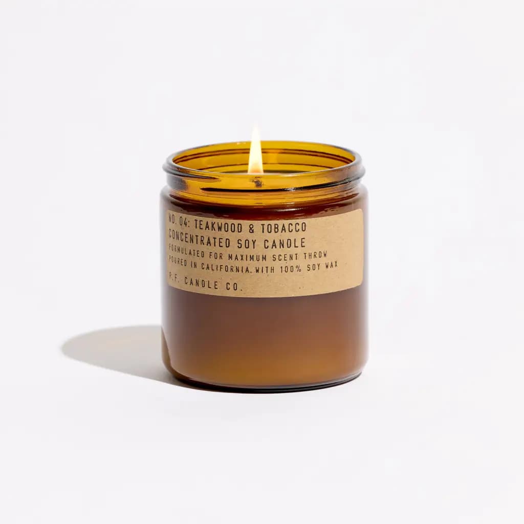 P.F. CANDLE CO NO.04 TEAKWOOD & TOBACCO 12.5 OZ SOY CANDLE - BROWN